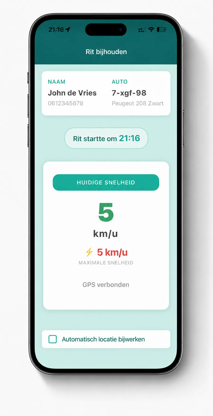 Schermafbeelding van de chauffeursapp tijdens een rit, met de huidige snelheid in km per uur, de starttijd van de rit en de status van de GPS-verbinding.