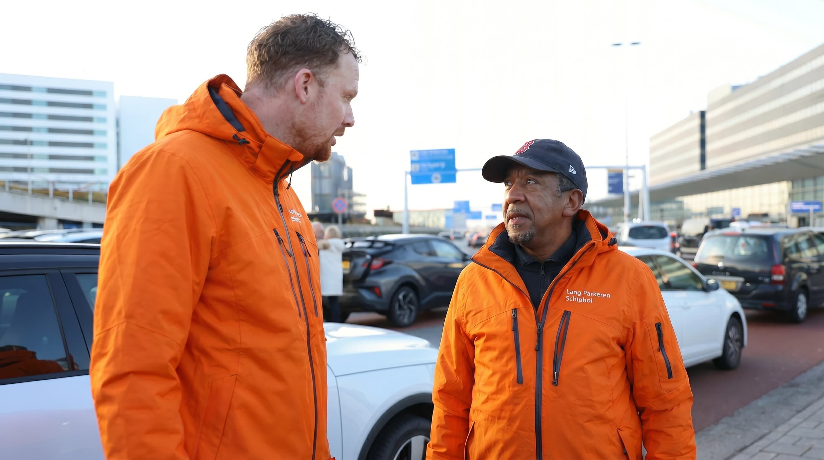 Chauffeur van Lang Parkeren Schiphol in oranje bedrijfsjas voor de vertrekhal Vertrek 2 op Schiphol.
